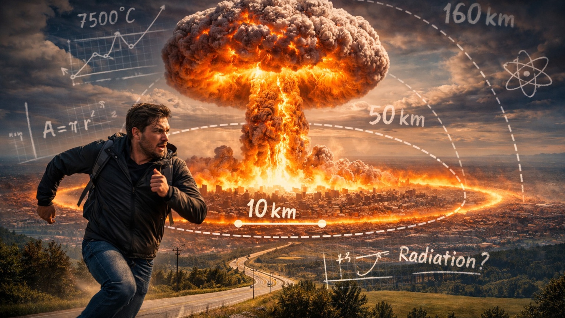 Simulações revelam a distância mínima para sobreviver a uma bomba nuclear e mostram alcance da explosão e da radiação.