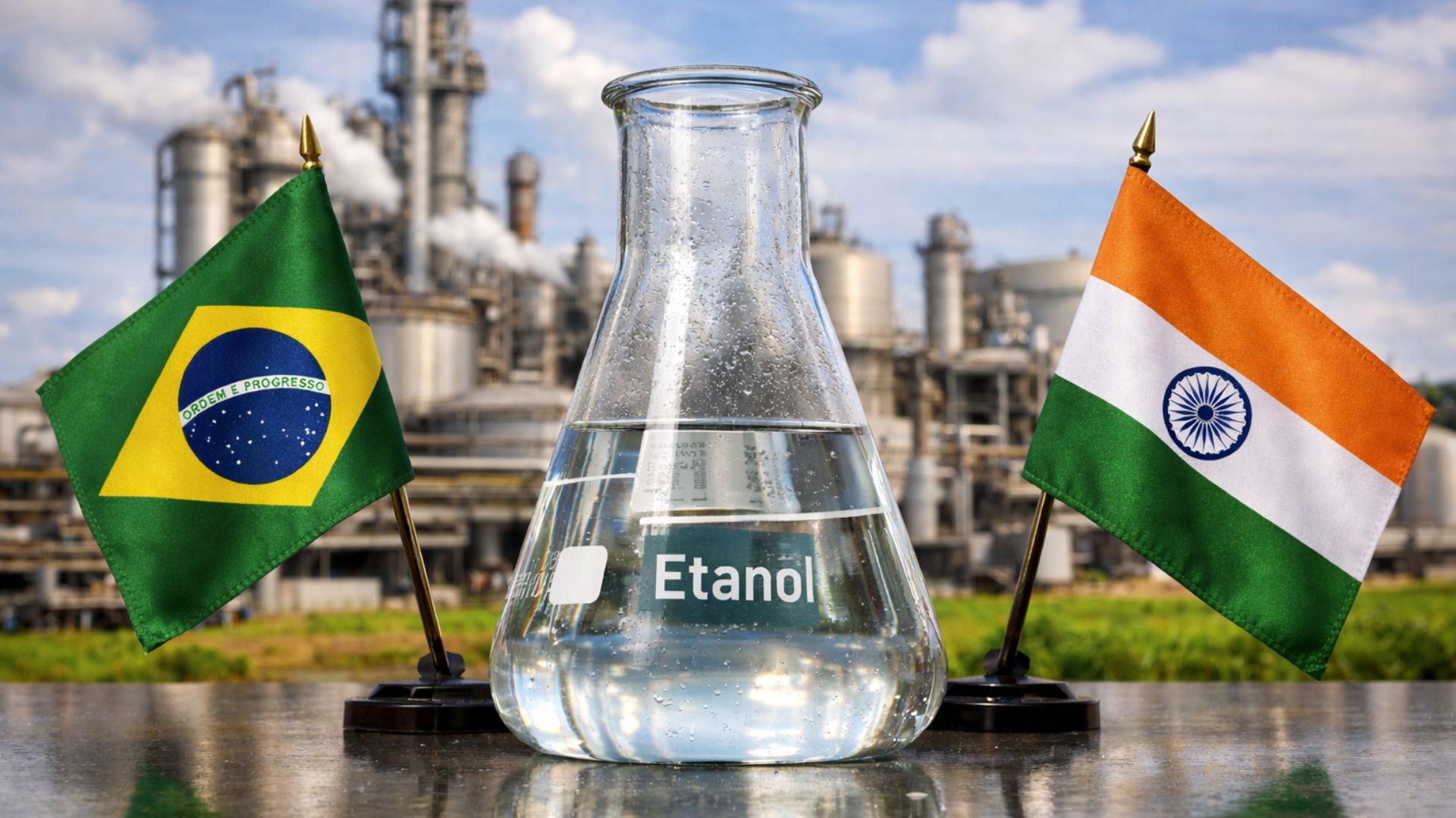 Frasco de laboratório com etanol em primeiro plano e bandeiras do Brasil e da Índia diante de uma usina de etanol ao fundo.