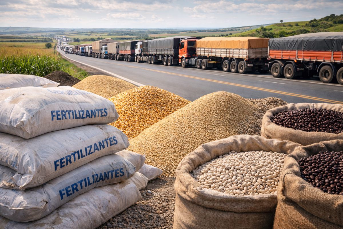 Brasil importa 45,5 milhões t de fertilizantes, exporta 172 milhões t de grãos, vê feijão disparar e café cair 10,6%, mas faturar 14,4% agro entra 2026 com fretes em alta