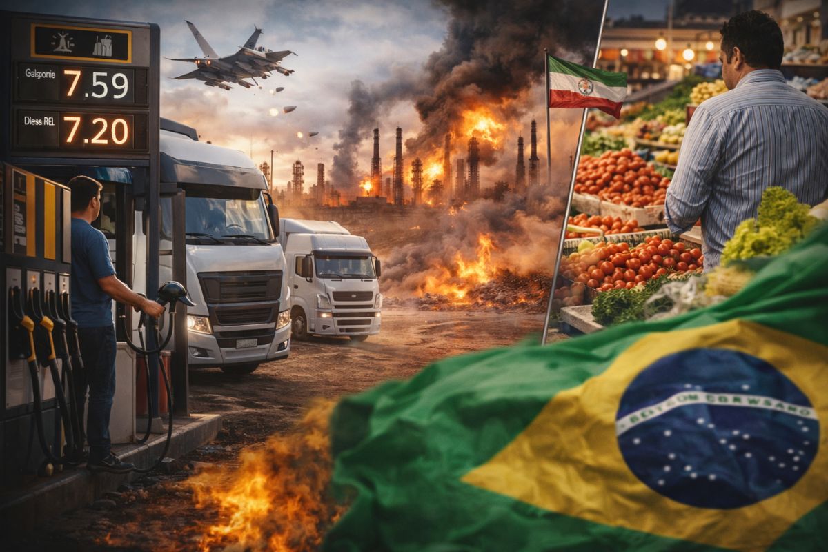efeito cascata no Brasil pode ligar Estados Unidos e Irã à alta do petróleo e do frete, pressionando diesel, gasolina e alimentos.