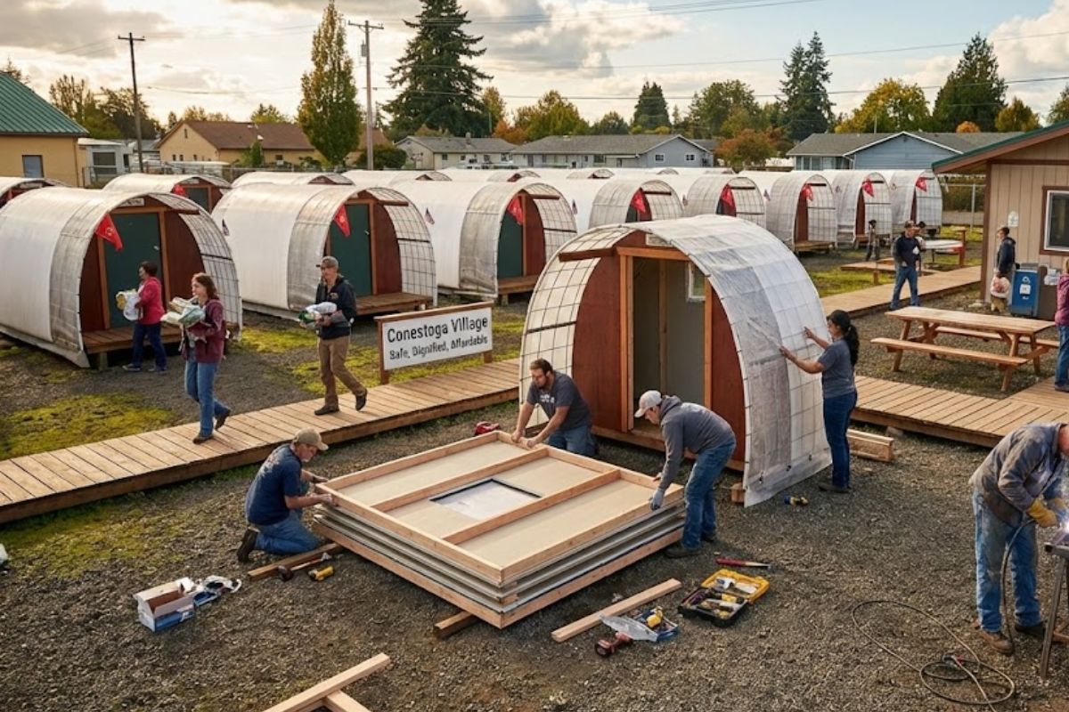 Cabanas e Cabanas Conestoga unem apoio social e emprego para acelerar a saída da rua e ampliar a moradia permanente com abrigo seguro de baixo custo.
