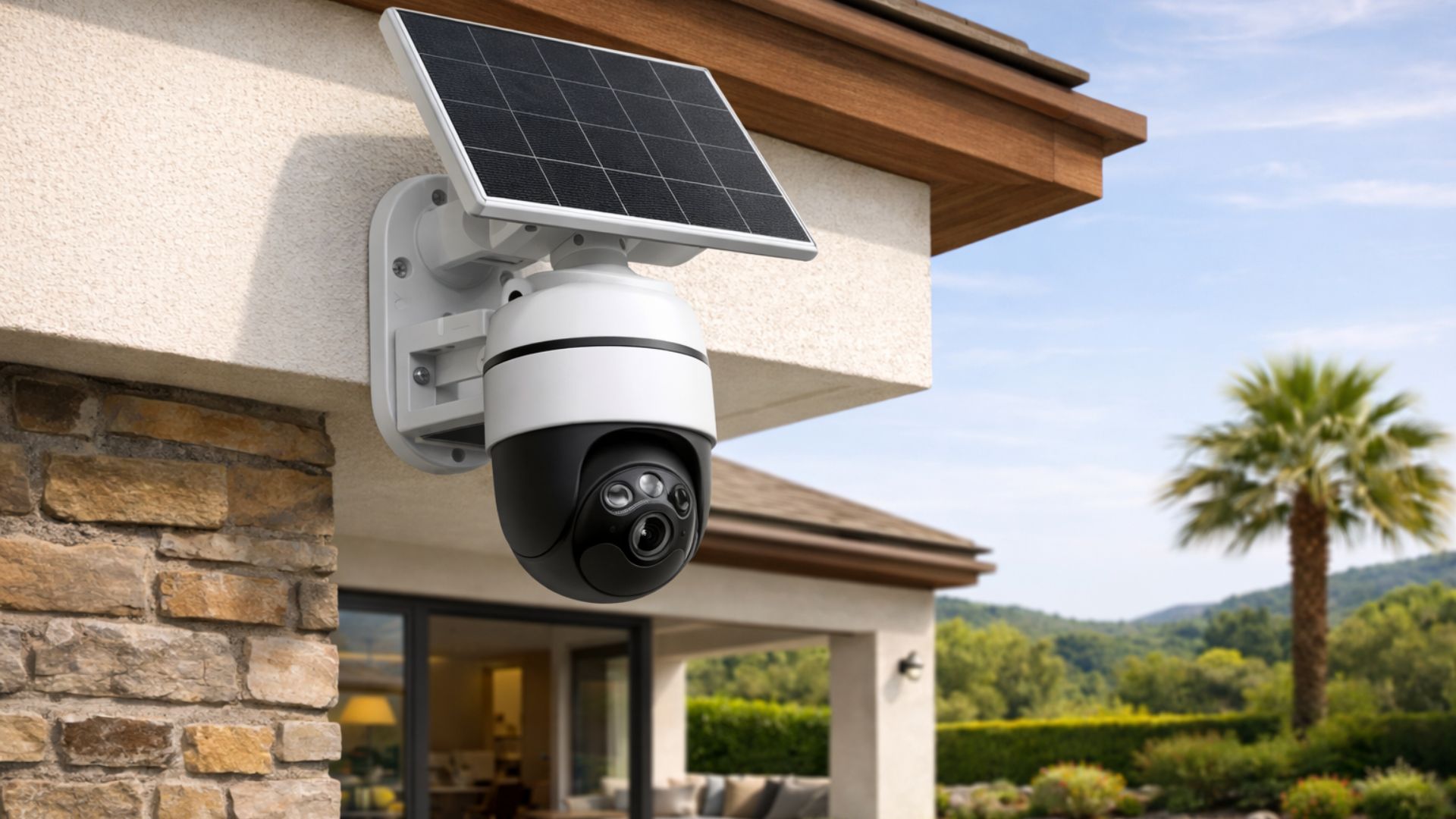 Câmera de segurança externa com painel solar instalada na parede de uma casa moderna, voltada para área externa com jardim e piscina.