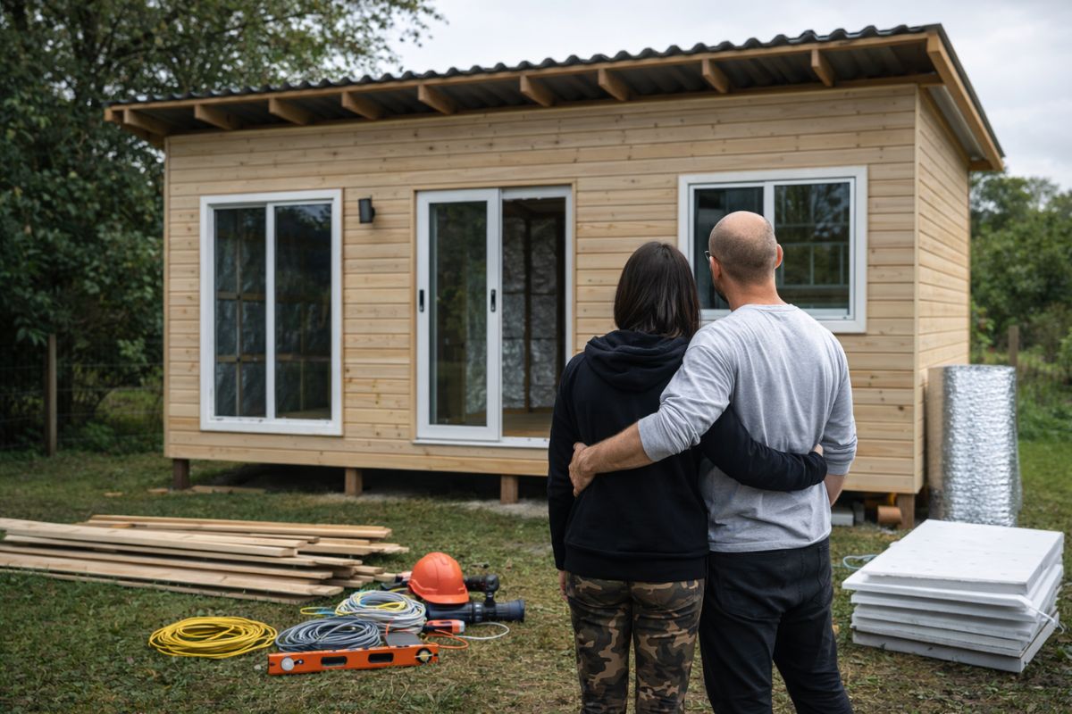 mini casa de madeira 3x6 mostra custo com telhado, elétrica, isolamento e mão de obra fora da conta final de R$ 7.835 em projeto quase pronto.