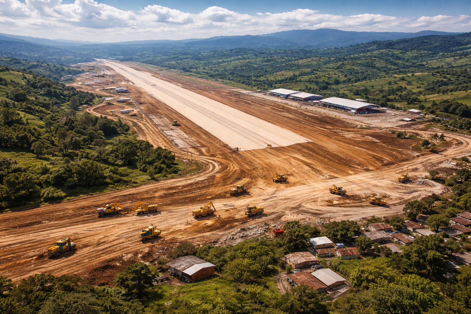 Obras do aeroporto Aerocafé em Caldas mostram pista em construção, máquinas pesadas e comunidades próximas afetadas pelo projeto bilionário