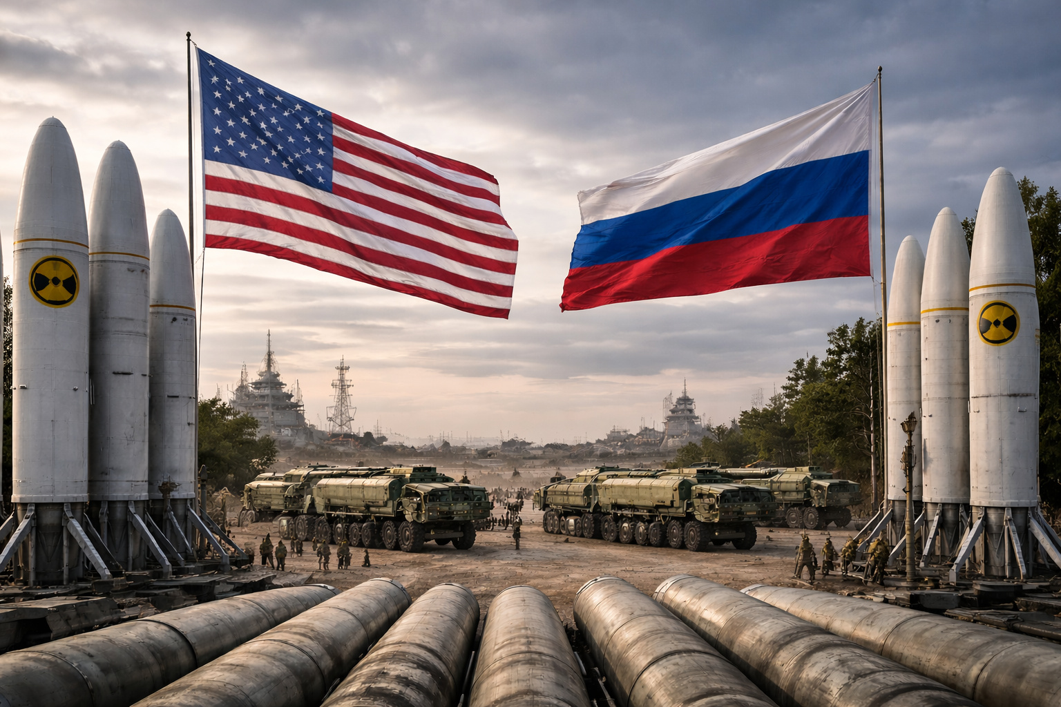 Base militar com mísseis estratégicos dos EUA e da Rússia posicionados sob bandeiras nacionais, simbolizando risco iminente de nova corrida nuclear global