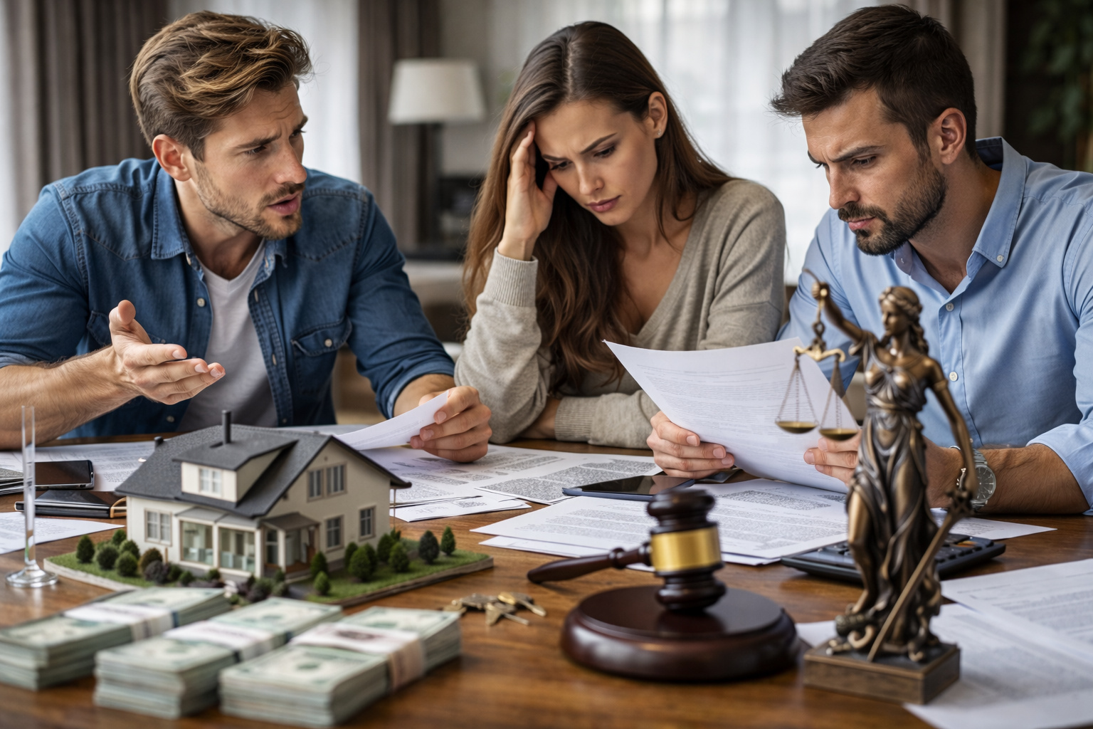Irmãos discutem herança em mesa com documentos, maquete de casa, dinheiro e símbolo da Justiça representando disputa judicial por imóvel.