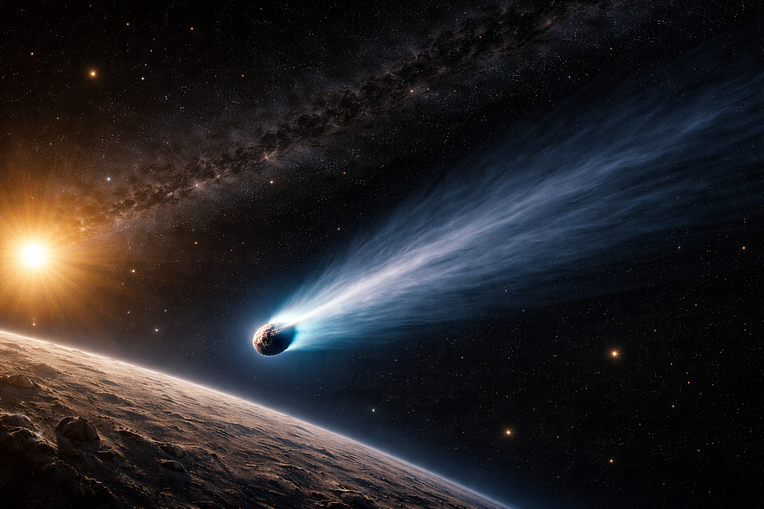 Cometa 41P no espaço com cauda iluminada pelo Sol, representando a inversão de rotação no Sistema Solar registrada pelo Hubble em 2017.