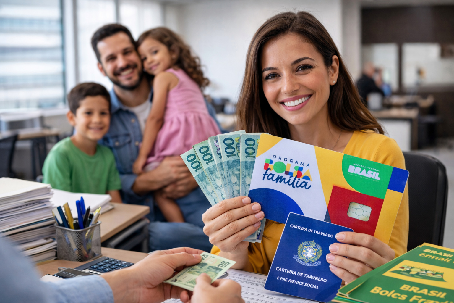 Mulher segurando cartão do Bolsa Família, carteira de trabalho e notas de real em atendimento municipal sobre auxílio para emprego formal. Imagem gerada por IA