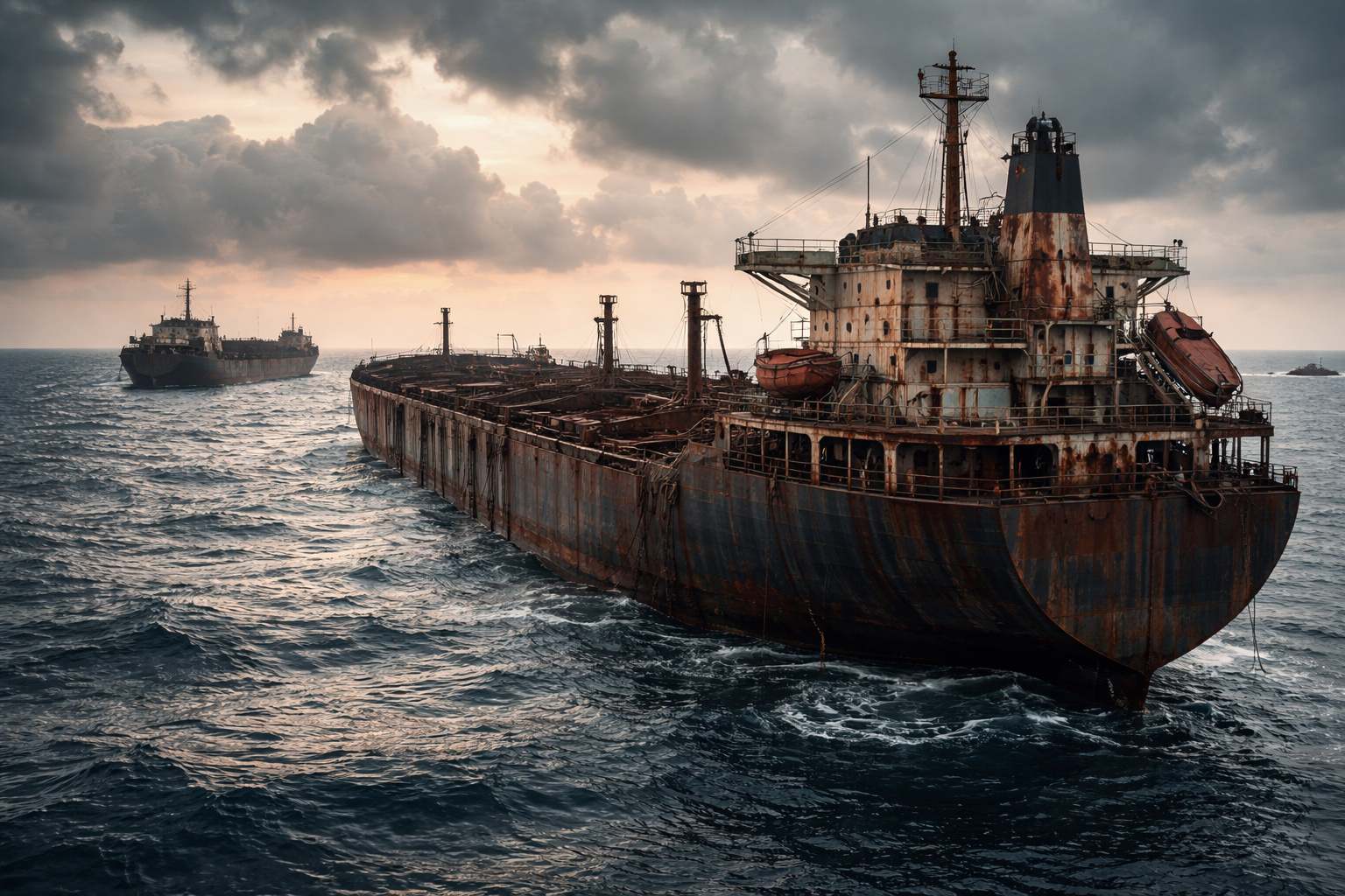Petroleiro abandonado e enferrujado à deriva no oceano sob céu nublado, ilustrando crise marítima e risco ambiental global.