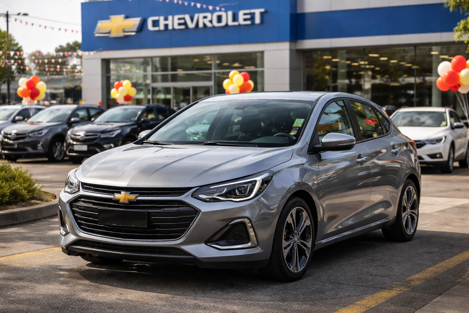 Chevrolet Onix 2026 prata estacionado em concessionária com outros veículos ao fundo durante campanha promocional.