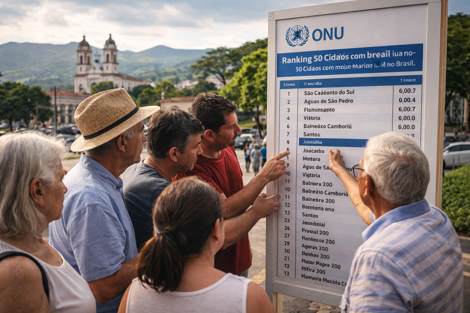 Moradores de cidade do interior observam ranking da ONU com cidades brasileiras de maior IDH municipal em praça pública.