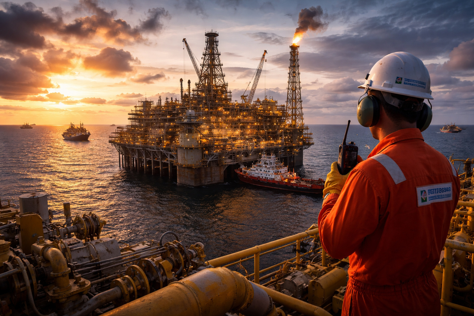 Plataforma de petróleo da Petrobras em operação no pré-sal brasileiro durante produção offshore em águas profundas.