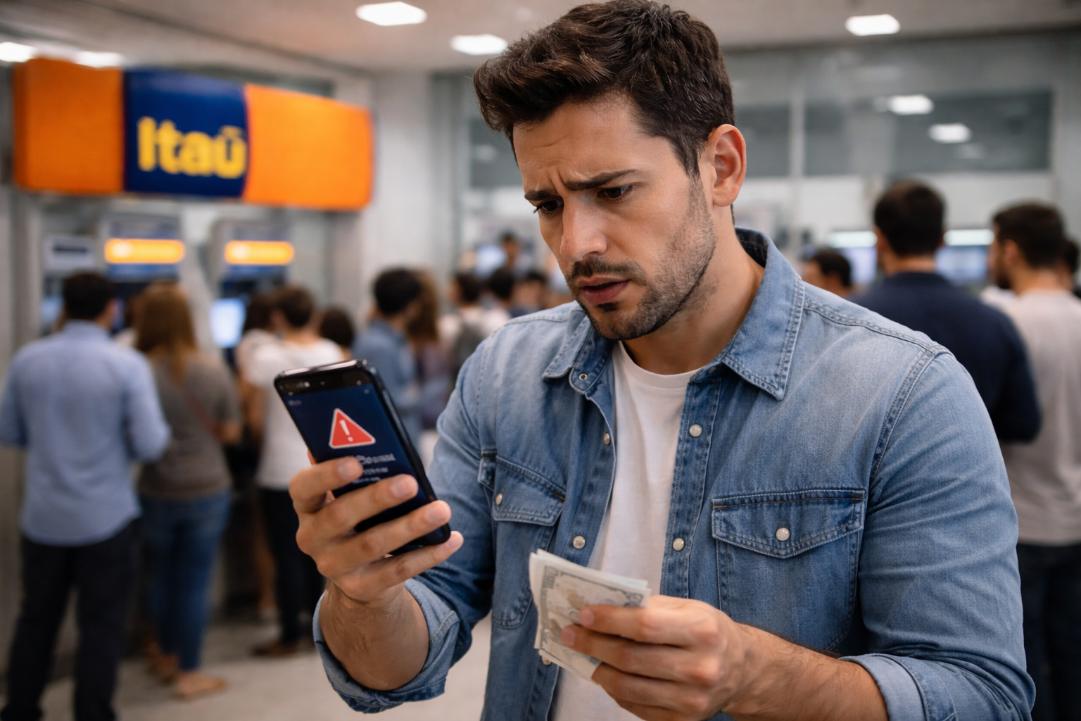Cliente do Itaú observa erro no aplicativo do banco no celular dentro de agência lotada após instabilidade no Pix.