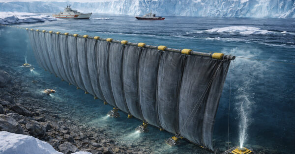 Cortina submarina ancorada no leito marinho na Antártida para conter correntes oceânicas quentes próximas à geleira Thwaites.