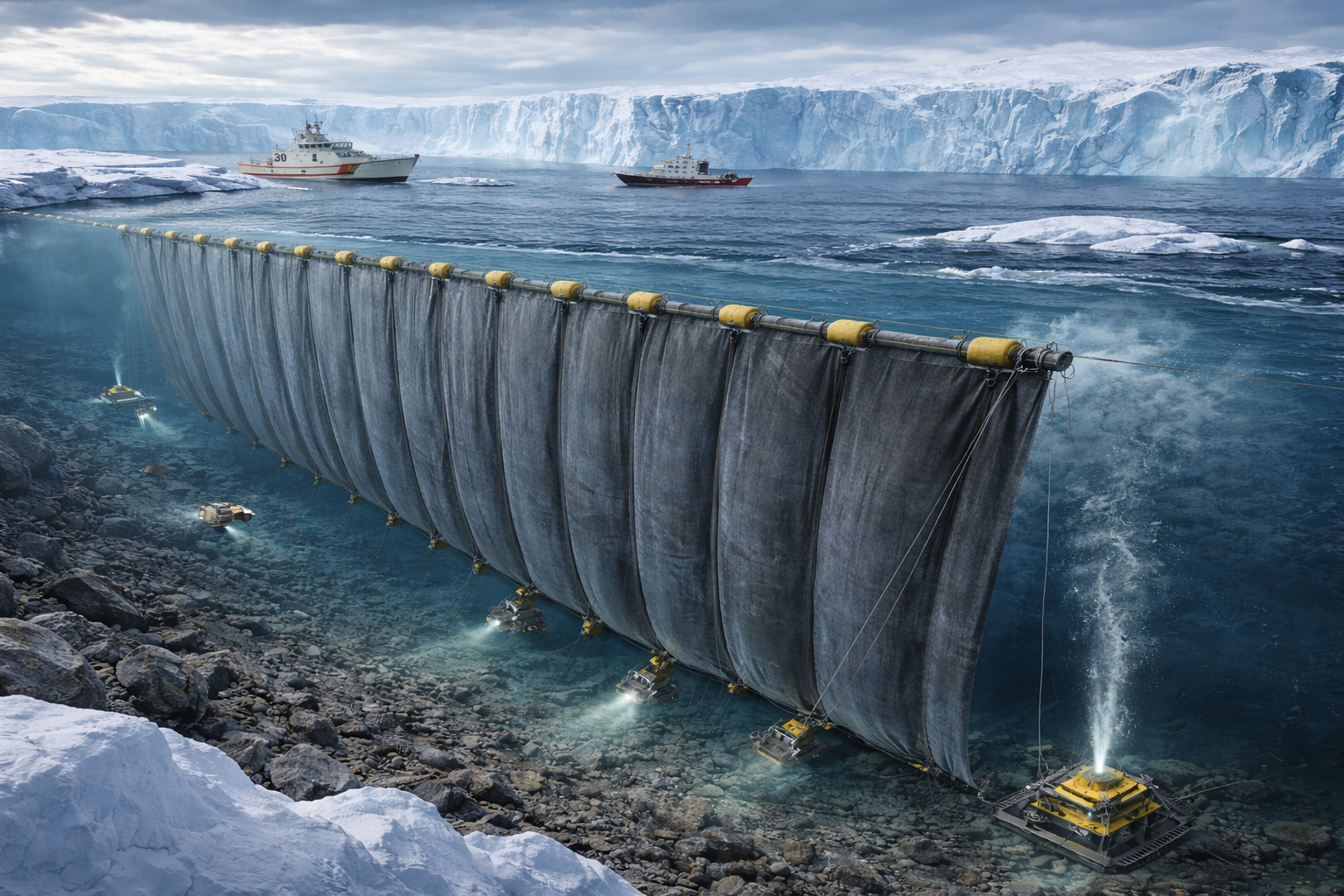 Cortina submarina ancorada no leito marinho na Antártida para conter correntes oceânicas quentes próximas à geleira Thwaites.