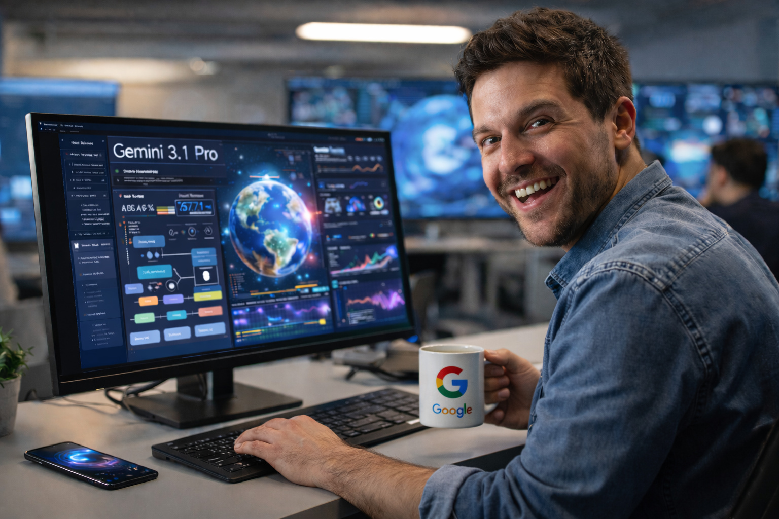 Programador sorrindo em escritório moderno diante do computador com interface do Gemini 3.1 Pro aberta na tela e elementos visuais de desempenho e análise de dados.