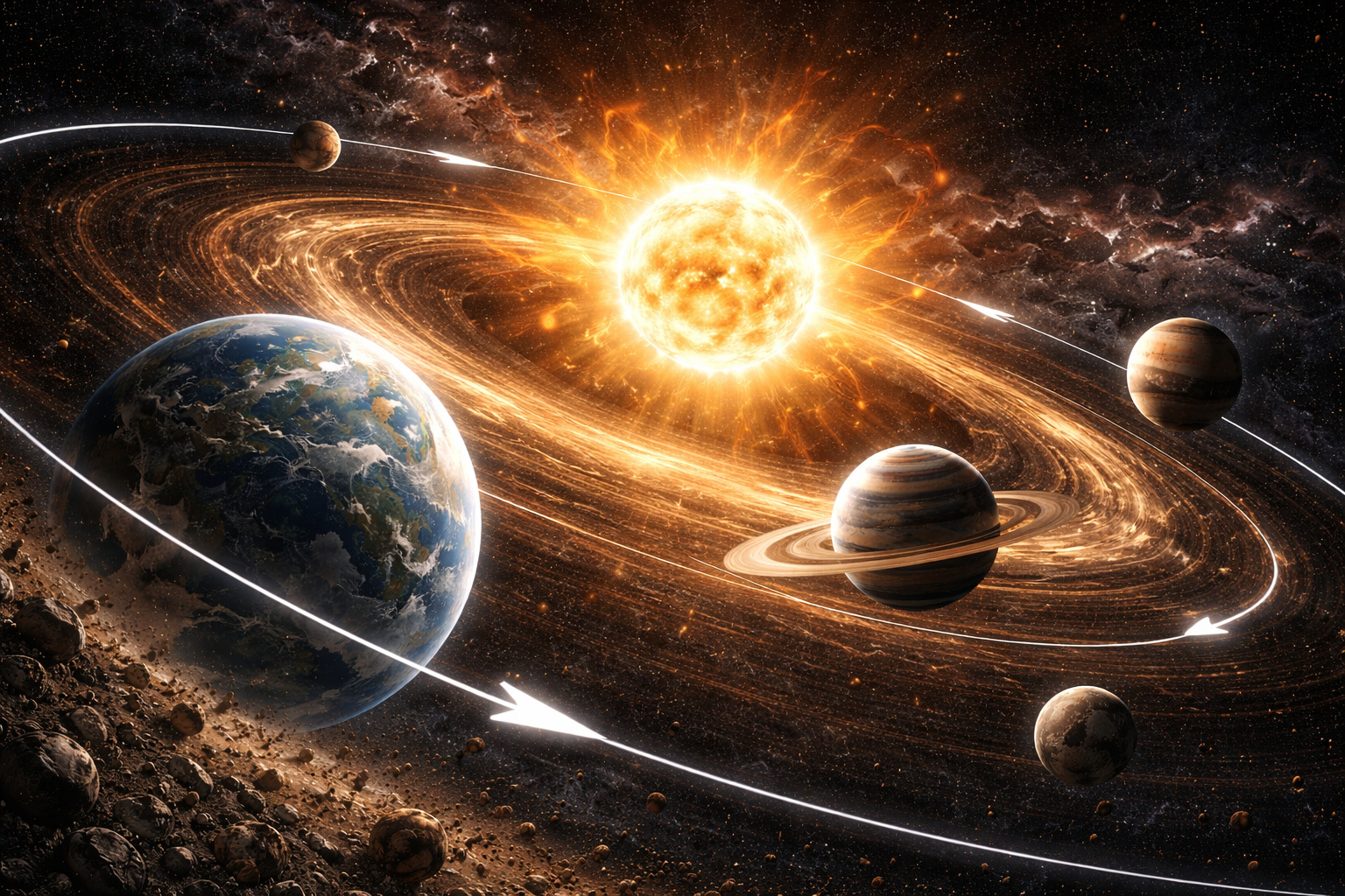 Sistema planetário com órbitas retrógradas ao redor de uma estrela brilhante, em imagem com realismo semelhante a captura de telescópio espacial.