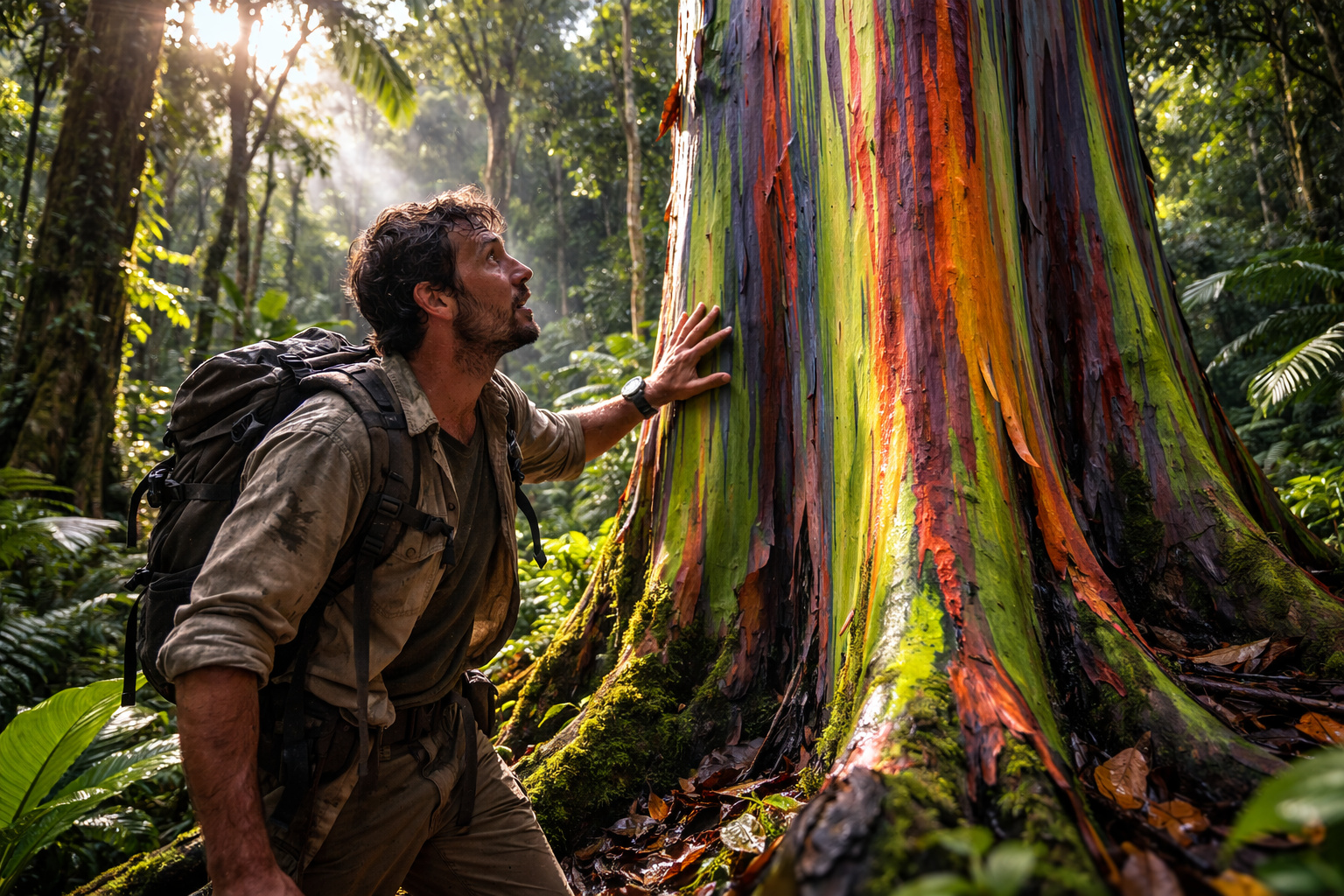 Explorador observa com expressão de dúvida uma árvore arco-íris Eucalyptus deglupta com tronco multicolorido em floresta tropical.