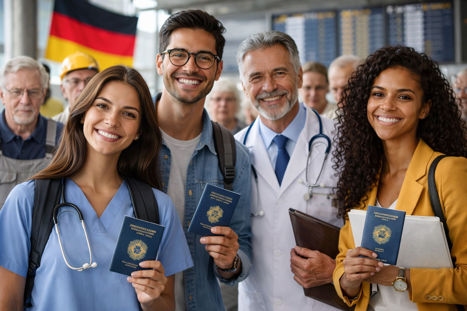 Profissionais brasileiros em aeroporto na Alemanha com trabalhadores alemães idosos ao fundo, representando escassez de mão de obra e envelhecimento populacional.