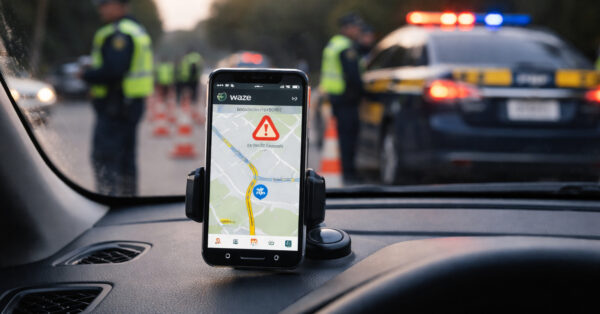 Motorista parado em blitz policial com celular fixado no painel exibindo aplicativo de navegação e agentes da PRF ao fundo durante fiscalização na rodovia.