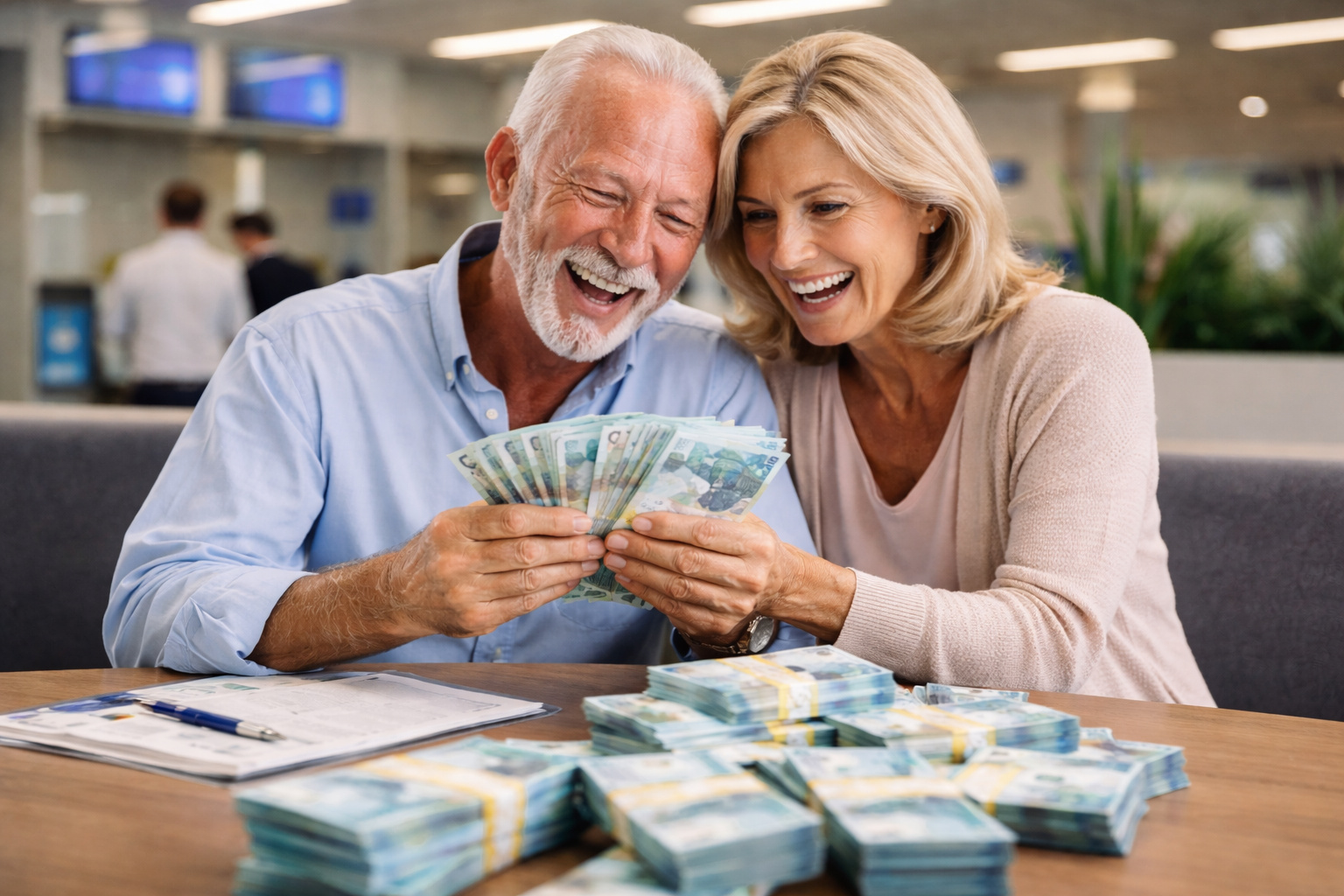 Casal de aposentados segurando notas de real em agência bancária após liberação de atrasados do INSS por meio de RPVs.