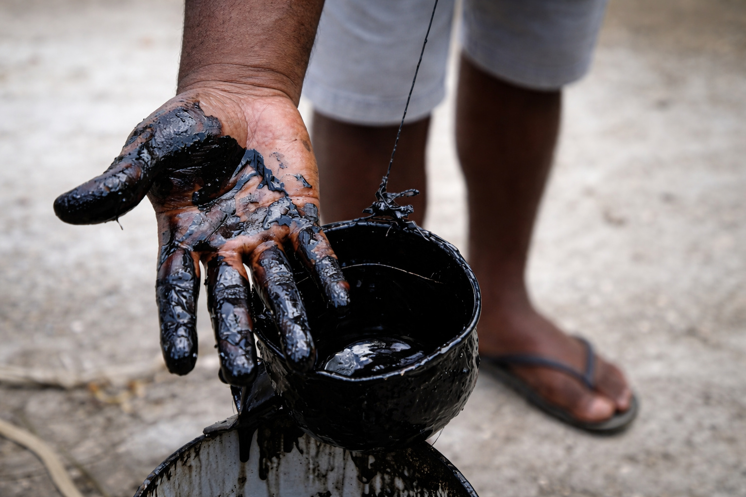 Mão de um homem negro coberta por óleo escuro, segurando um recipiente, com pernas e pés ao fundo em ambiente externo.