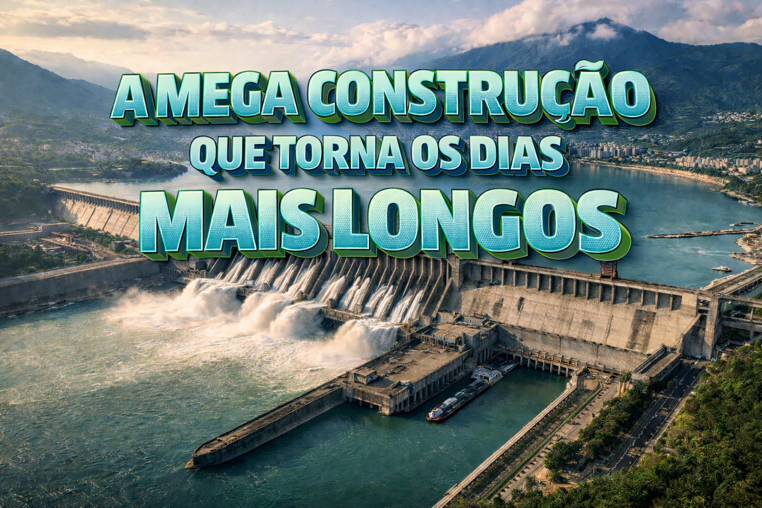 Barragem das Três Gargantas no Rio Yangtze com frase em 3D destacando que a mega construção pode tornar os dias mais longos, segundo estudo da NASA.