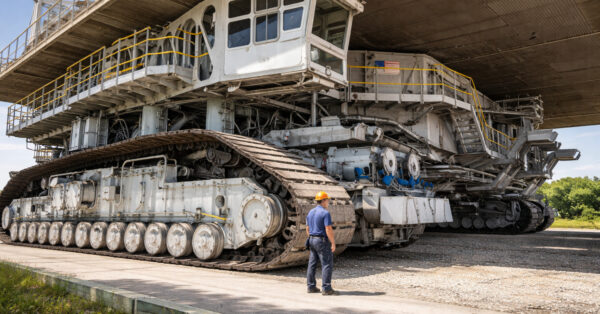 Maior veículo autopropulsado do mundo, similar ao Crawler-Transporter 2 da NASA, com esteiras gigantes e cabine elevada, utilizado no transporte do foguete SLS do programa Artemis.