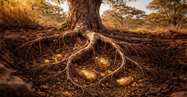 Árvore de eucalipto na Austrália com raízes profundas expostas no solo rico em partículas de ouro, ilustrando o conceito da “árvore do ouro”.