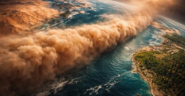 Imagem de satélite mostra poeira do deserto do Saara atravessando o oceano Atlântico em direção ao Brasil.
