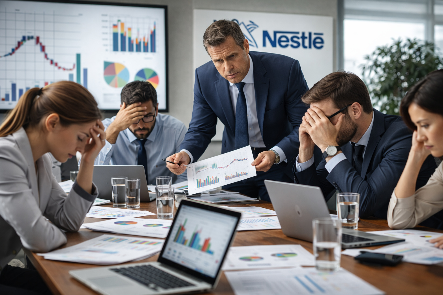 Executivos em reunião tensa com gráficos de desempenho ao fundo e referência à Nestlé durante anúncio de nova política de bônus.