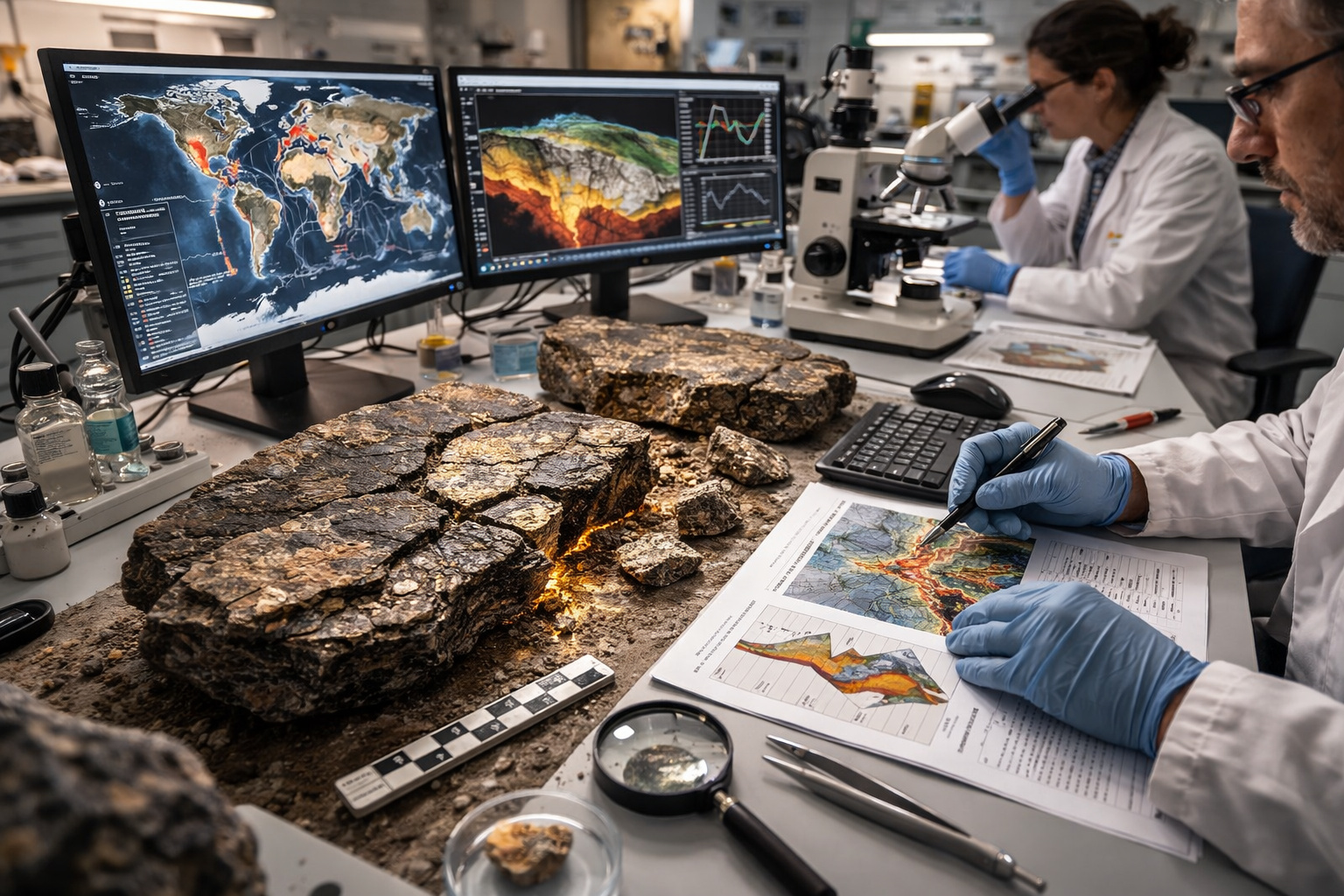 Geólogo analisa rocha antiga em laboratório com microscópio e mapas tectônicos na tela, em estudo sobre a instabilidade dos primeiros continentes da Terra.