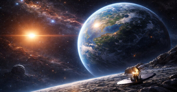 Ilustração realista de planeta semelhante à Terra orbitando estrela parecida com o Sol a 146 anos-luz, com atmosfera visível e cenário espacial detalhado.