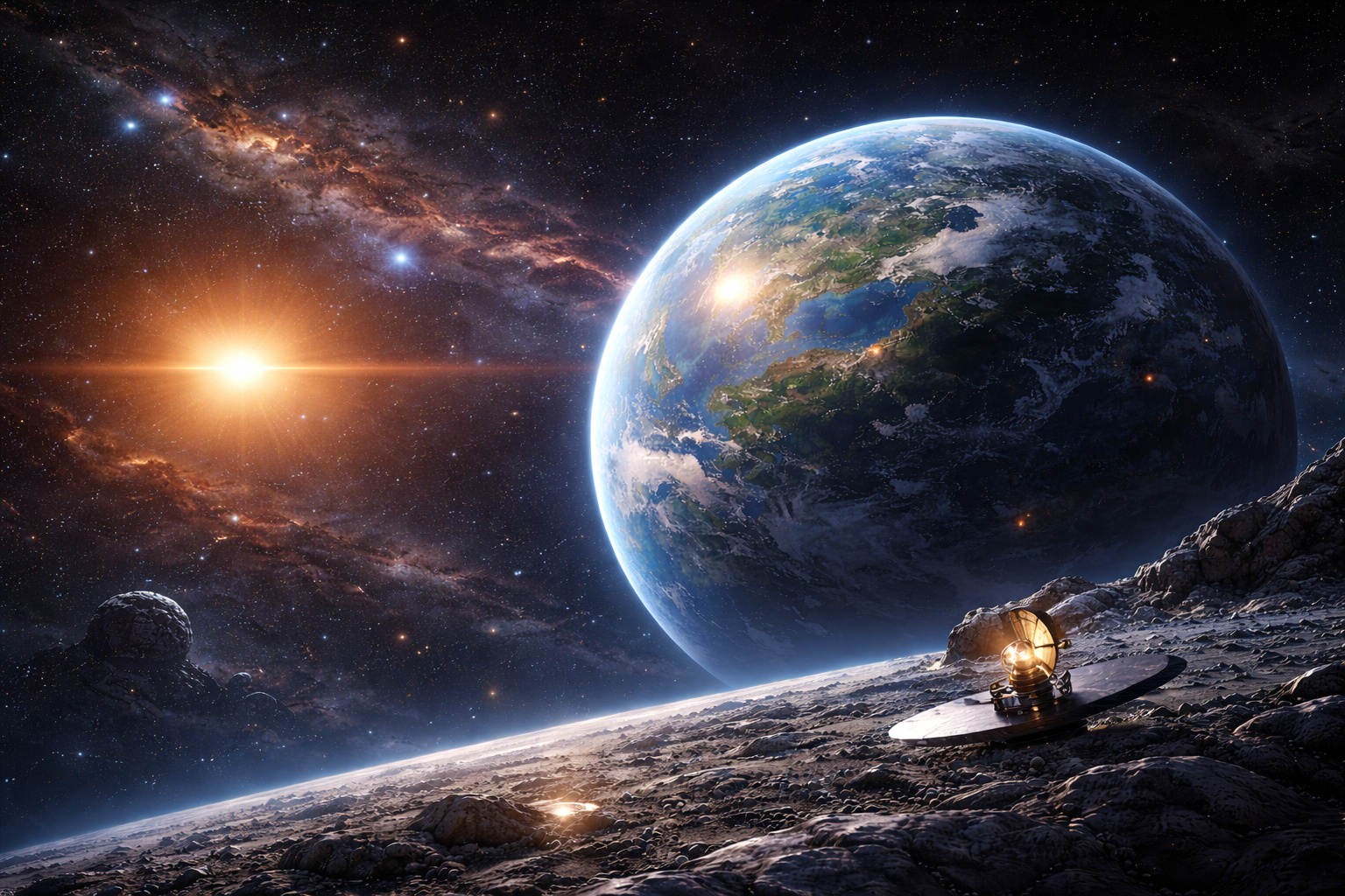 Ilustração realista de planeta semelhante à Terra orbitando estrela parecida com o Sol a 146 anos-luz, com atmosfera visível e cenário espacial detalhado.