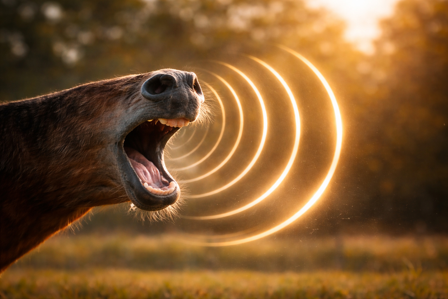 Ondas sonoras circulares sendo emitidas de uma boca aberta em close, representando bifonação e emissão simultânea de frequências.