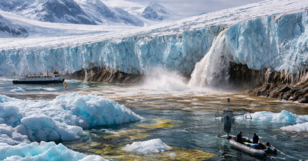 Glaciar na Antártida em processo de degelo no Mar de Amundsen, com água turva rica em sedimentos e manchas de algas, enquanto pesquisadores coletam amostras próximas à plataforma de gelo.