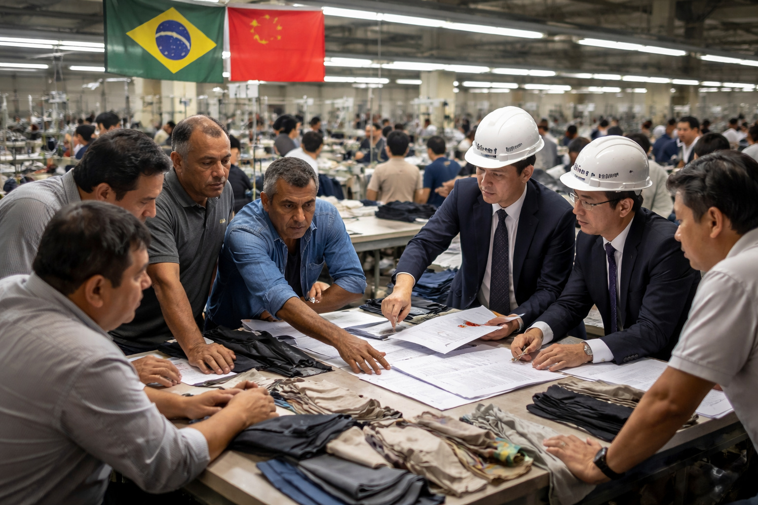 Reunião entre executivos e fabricantes brasileiros dentro de fábrica têxtil durante negociação de produção local no Brasil