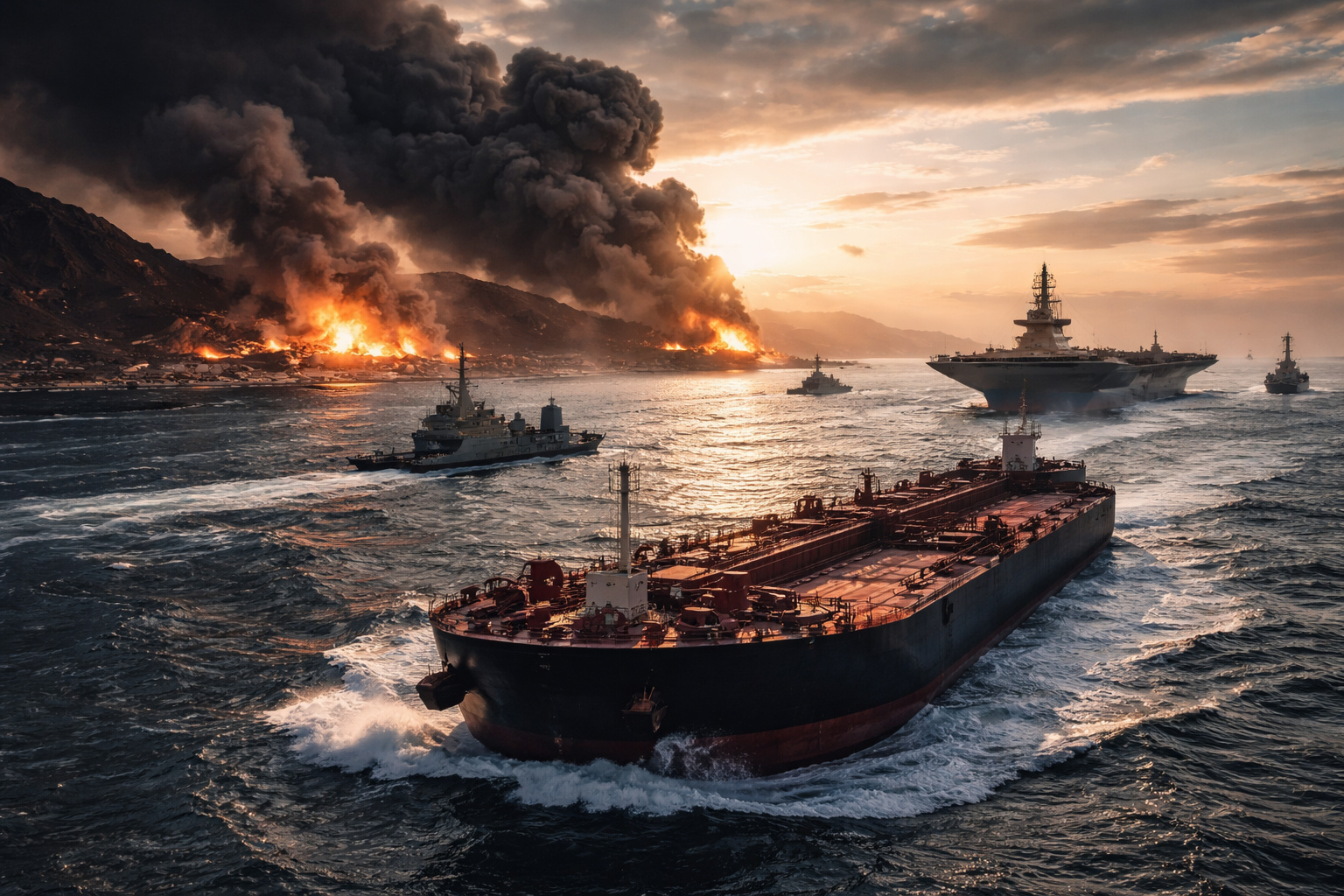 Navio petroleiro cruza rota estratégica próxima ao Estreito de Ormuz enquanto navios militares patrulham área sob tensão no Oriente Médio.