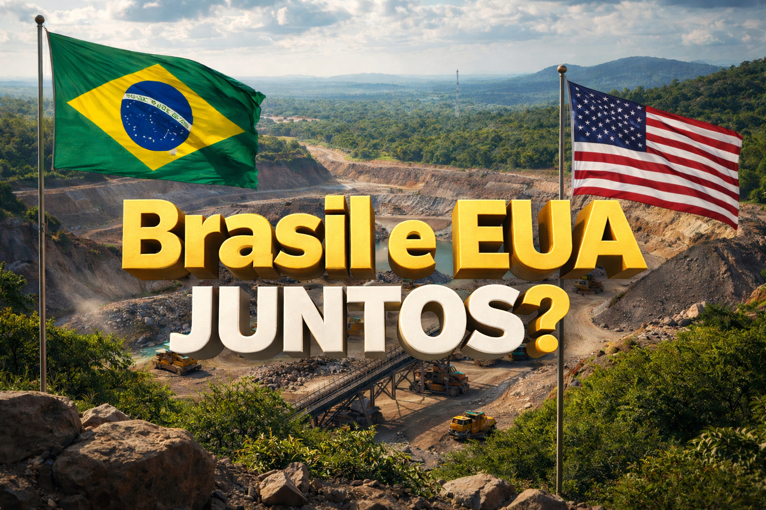 Brasil e Estados Unidos em área de mineração de terras raras com bandeiras nacionais e máquinas pesadas em operação estratégica