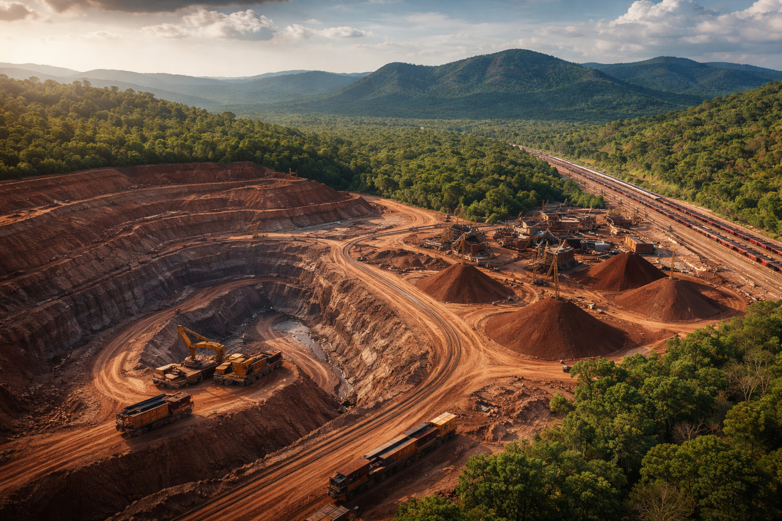 Mina de Carajás no Pará, maior mina de ferro a céu aberto do mundo, cercada pela Floresta Amazônica e com operações de extração mineral em grande escala.