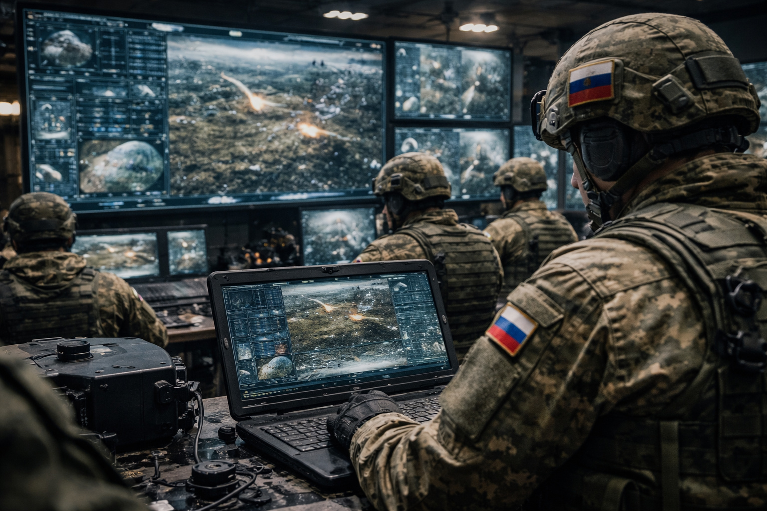 Oficiais russos analisam dados do campo de batalha em centro de comando militar com apoio de inteligência artificial durante a guerra da Ucrânia