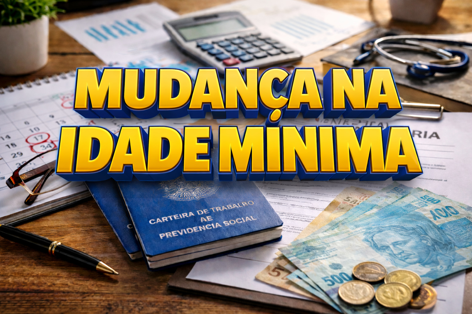 Mudança na idade mínima da aposentadoria do INSS representada por carteira de trabalho, documentos previdenciários e cálculo de benefícios