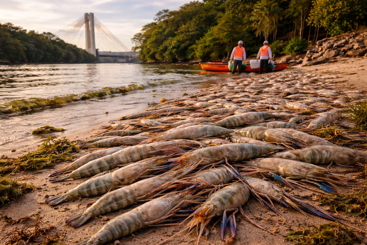 Camarões de água doce mortos acumulados às margens do Rio Tietê, em Igaraçu do Tietê, com técnicos ambientais realizando coleta de amostras no interior de São Paulo.