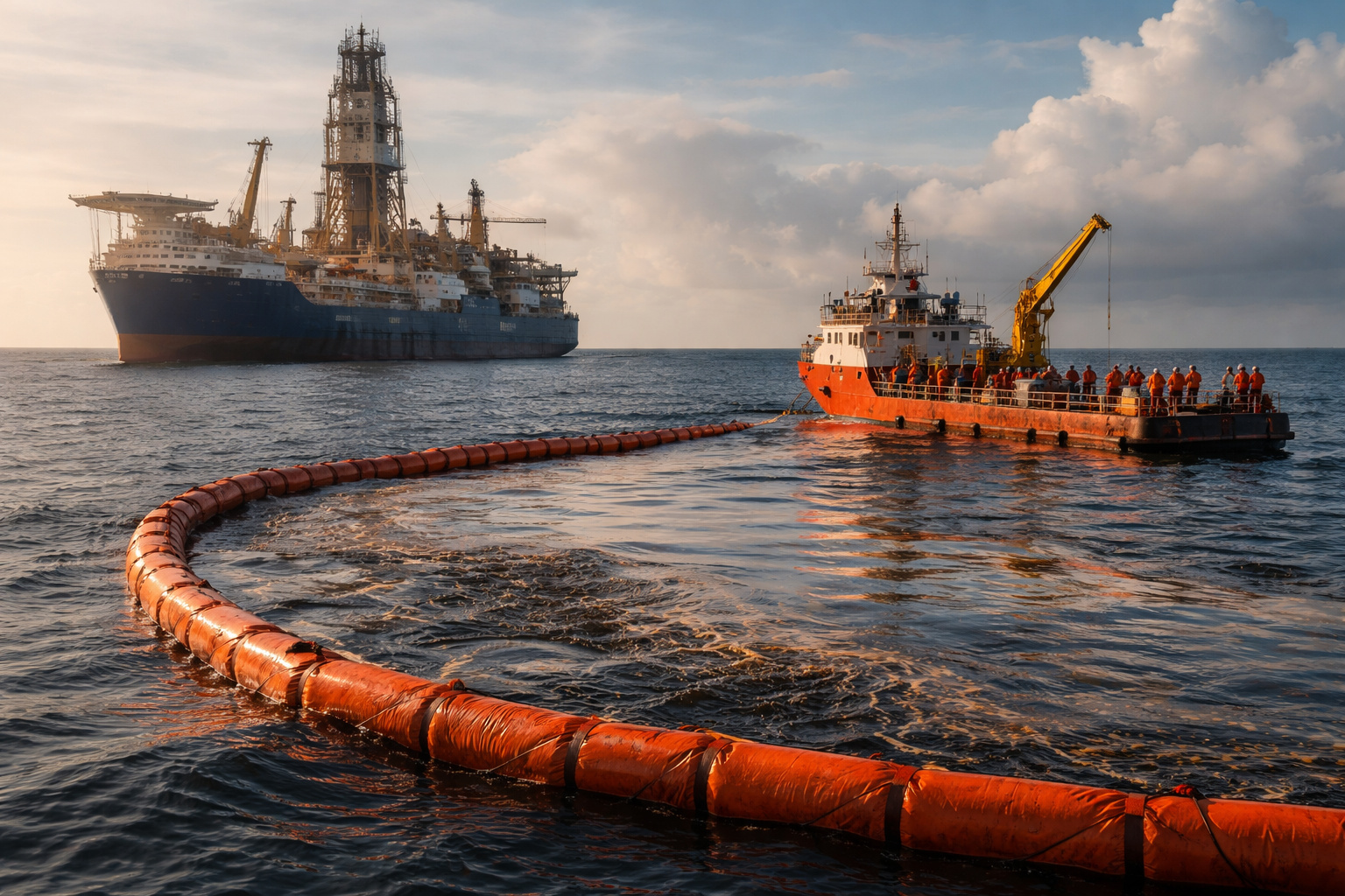 Operação de contenção de vazamento de fluido de perfuração próximo a navio-sonda na Foz do Amazonas durante atividade da Petrobras.
