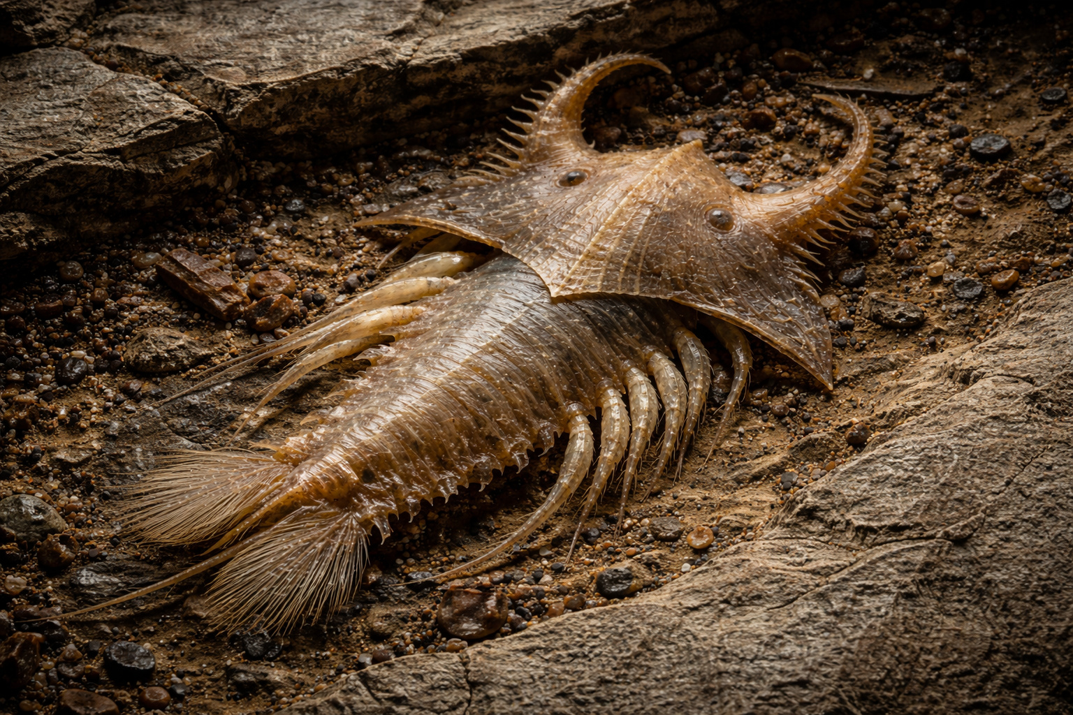 Fóssil de criatura marinha sem olhos do período Ordoviciano, com corpo mole, escudo cefálico ornamentado e chifres curvos, encontrado no Canadá.