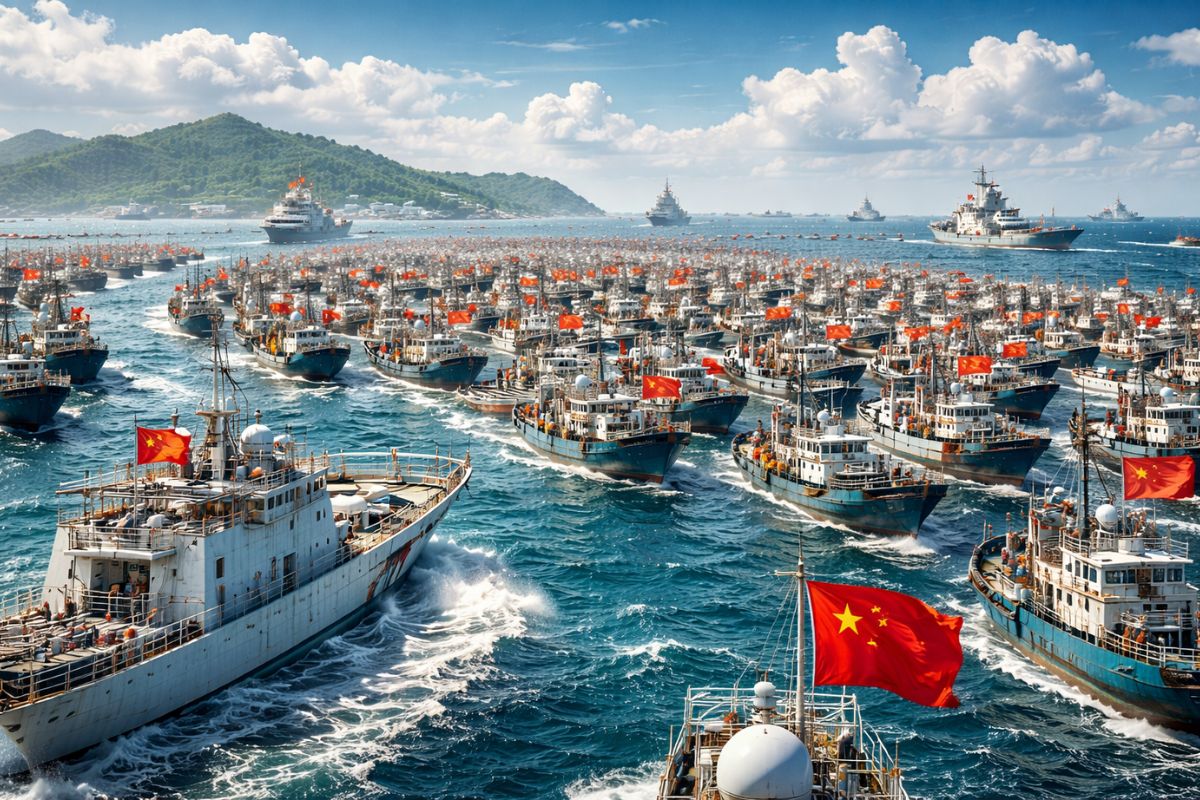 China ergue ‘grande muralha’ de barcos de pesca, mobiliza 2 mil embarcações, bloqueia rotas no Mar do Sul e aumenta pressão sobre Japão, Taiwan e EUA sem disparar um tiro
