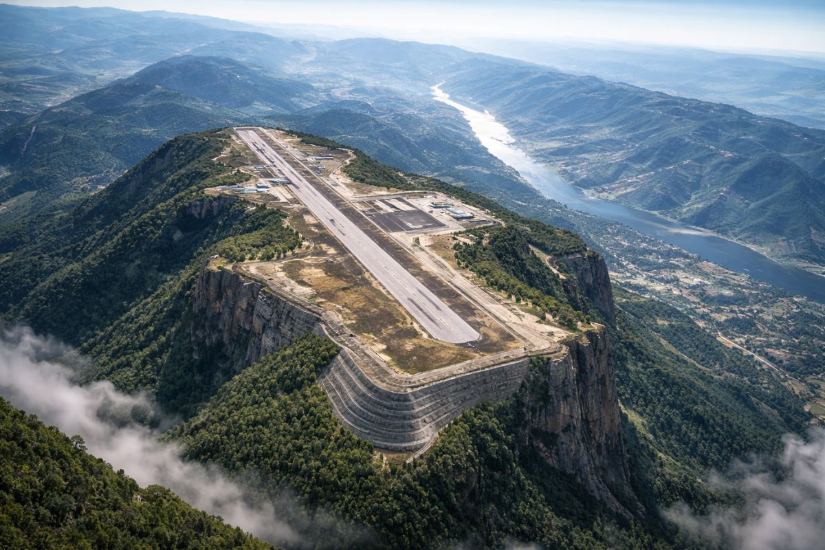China acelera aeroporto de montanha com pista em altitude; a engenharia da obra conecta região isolada e redefine acesso aéreo.