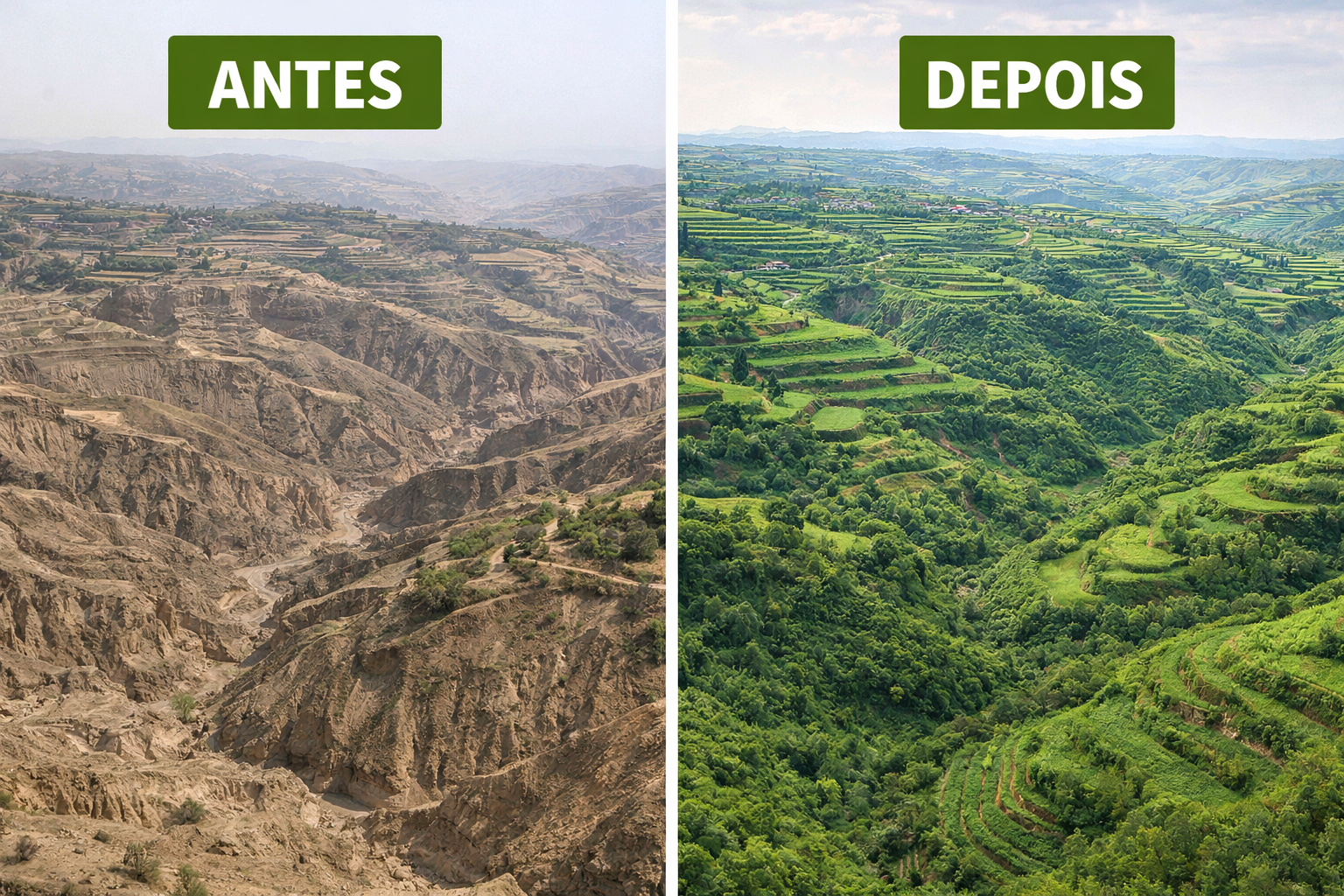 Após décadas de erosão severa e colinas transformadas em poeira, 35 mil km² do Loess Plateau foram restaurados e uma das regiões mais degradadas da China virou exemplo mundial de recuperação ambiental