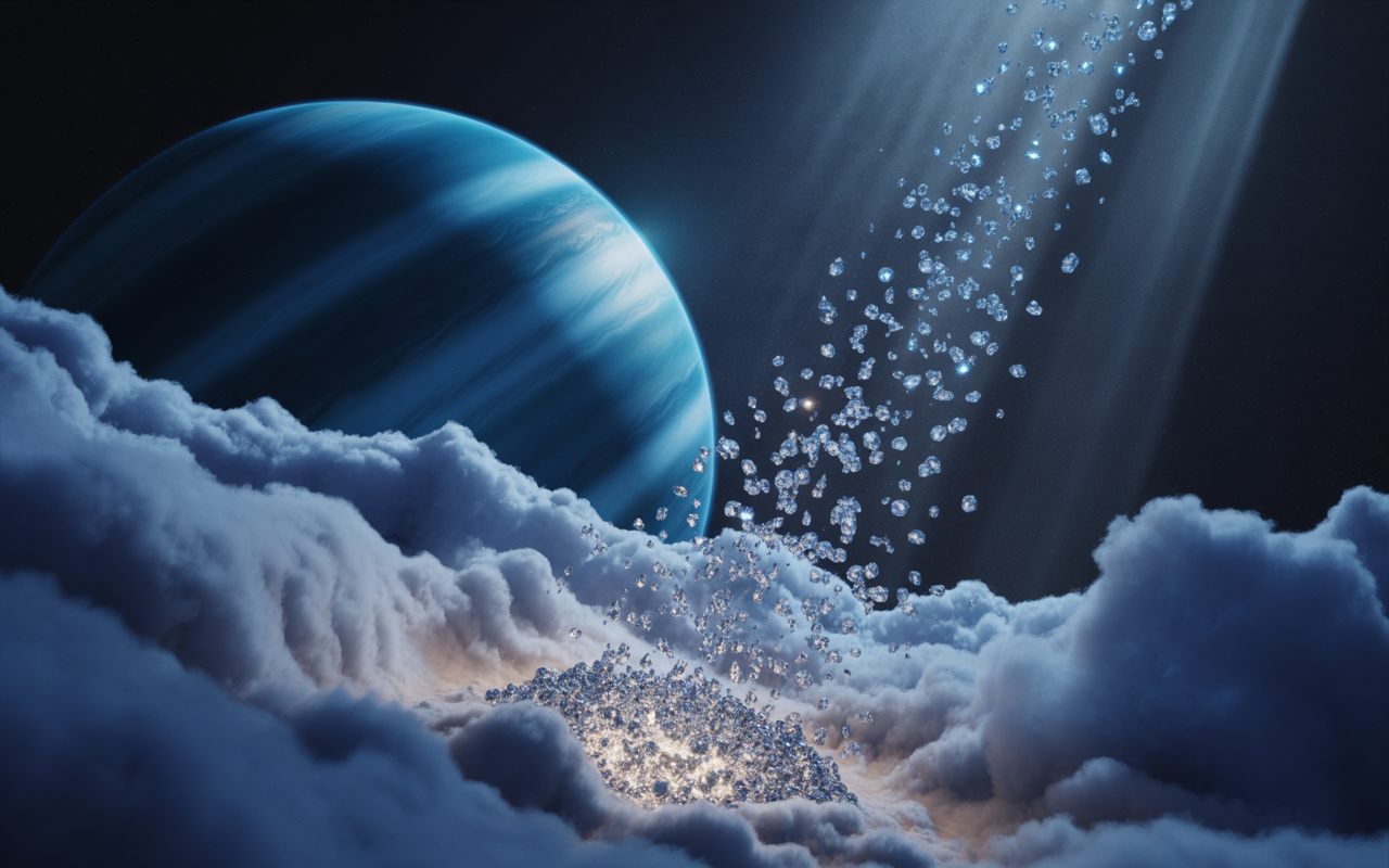 Sob pressões superiores a 1 milhão de atmosferas, poucos sabem que em planetas gigantes como Urano e Netuno o carbono se transforma em diamante, criando uma verdadeira “chuva de diamantes” que cai do céu em outros mundos