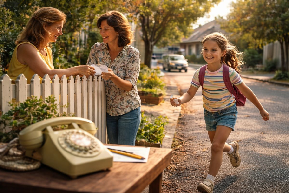 Coisas do passado mostram mandar recado pelo vizinho: comunicação baseada em confiança, com crianças atravessando o bairro.